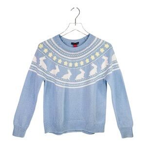 Vince Camuto Spring Pastel Blue/Yellow Bunny Themed Fair Isle Crewneck Sweater